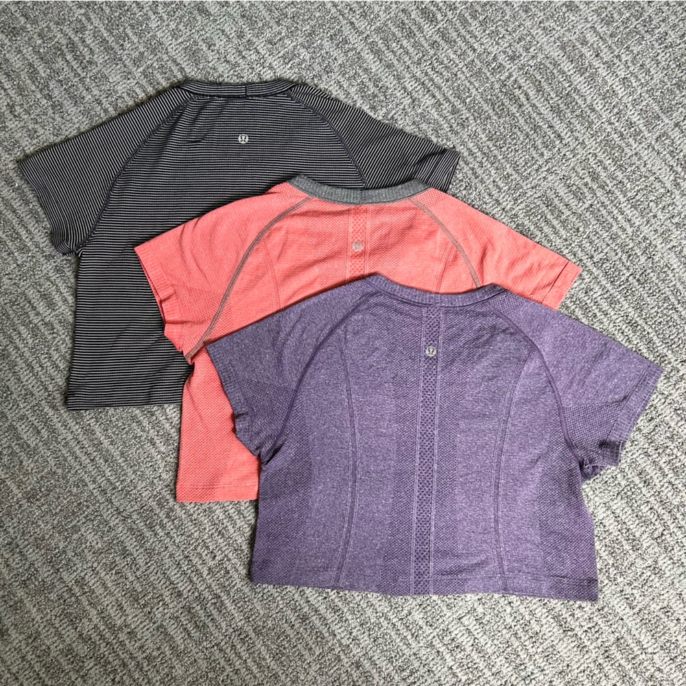 Bundle Lululemon Athletica Striped Black, Coral, and Purple Crop Tops